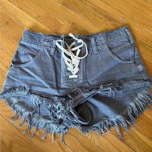 Free People Lace-Up Frayed Hem Jean Shorts in Faded Blue